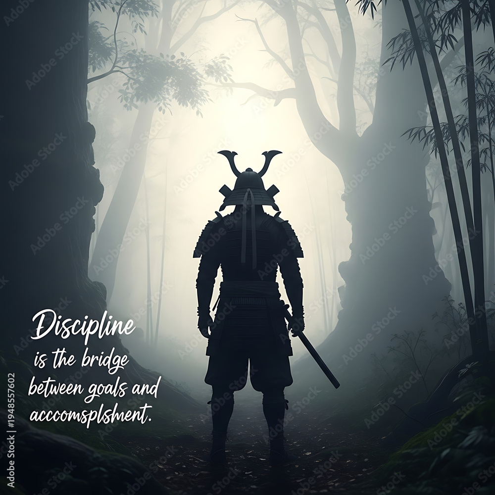 Fototapeta premium A silhouetted samurai warrior stands contemplatively in a foggy, ancient bamboo forest.