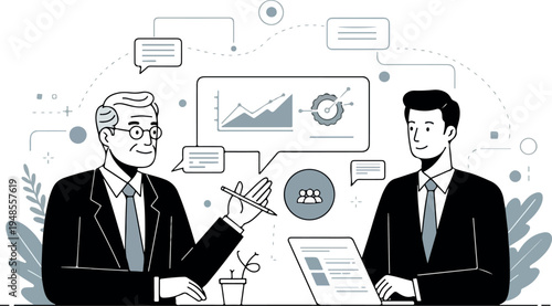 Business Meeting with Charts and Graphs Flat Design Vector Illustration