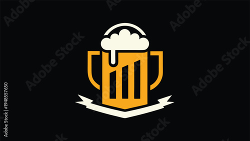 A stylized orange beer mug logo with white overflowing foam and a banner situated beneath it on a solid black background.
