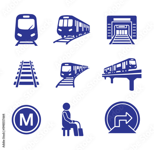 blue icons of trains and train station signs on white background