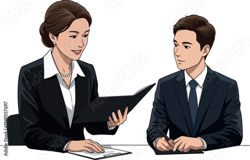 Business Meeting with Two Professionals in Suits Discussing Documents