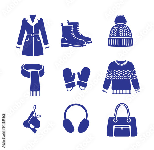 collection of winter clothing and accessories in blue isolated on white background