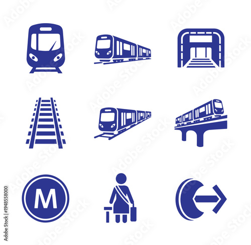 set of blue metro train icons on white background
