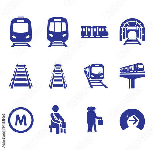 set of blue subway train and railroad station icons on white background