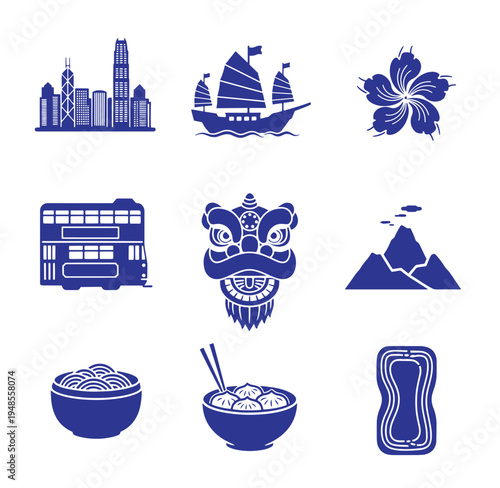 Set of China and Hong Kong icons and landmarks in blue silhouette style  China