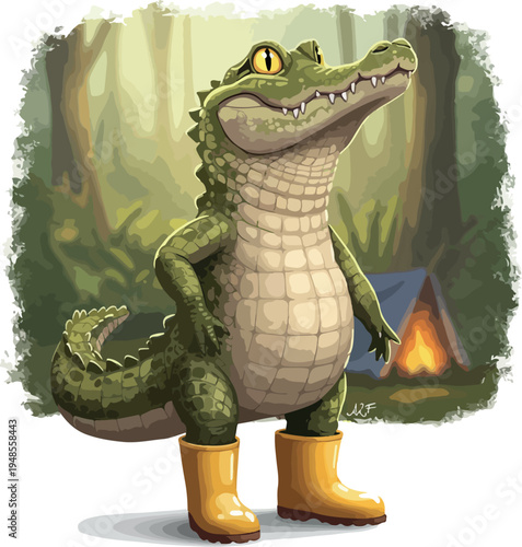 Cute Cartoon Alligator Wearing Yellow Boots in Forest Camp