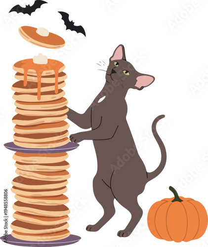 Cat Reaching High Stack of Pancakes with Pumpkin and Bats