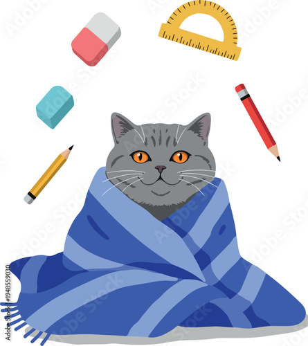 Cute Cat Wrapped In Blue Scarf Surrounded By School Supplies