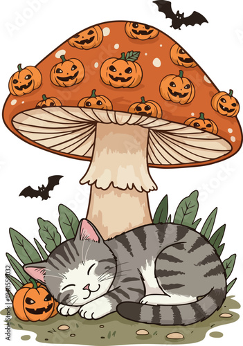Cute Cat Sleeps Under Giant Pumpkin Mushroom Halloween Bat Night