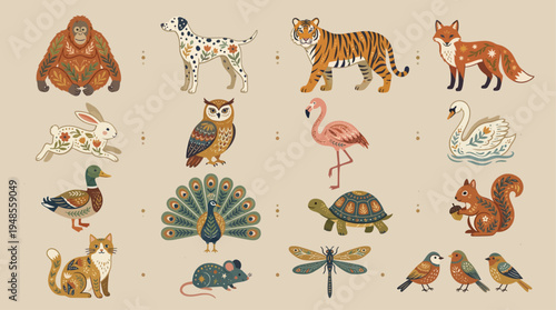 Vintage Folk Art Animal Illustration Set – Decorative Wildlife Collection