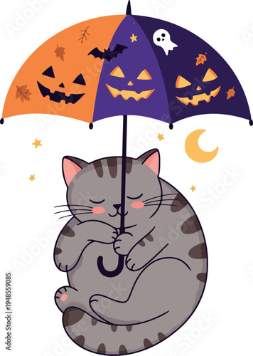 Cute Cat Sleeps Under Halloween Umbrella With Jack O Lantern Bats Ghost