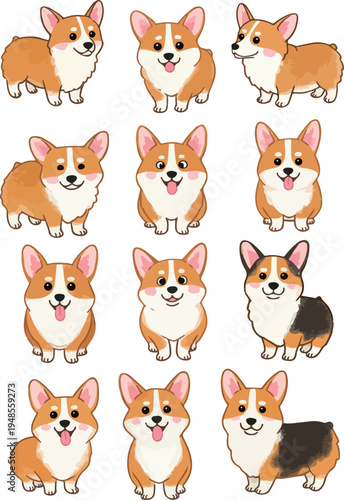Cute Corgi Pixel Art Icons Set on White Background