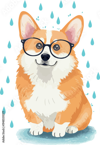 Cute Corgi Dog Wearing Glasses In The Rain Vector Art