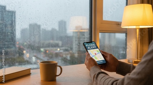 Hands holding smartphone with flood alert by rainy window, cozy home office with mug and lamp, urban storm safety message for climate awareness and emergency prep