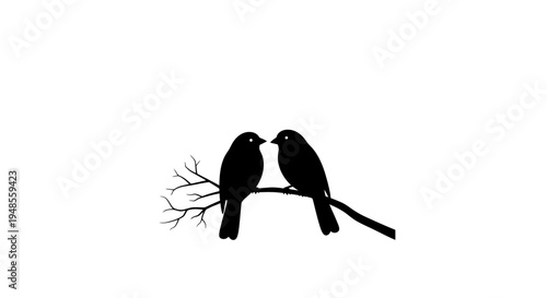 Two Silhouette Birds Perched on Branch.