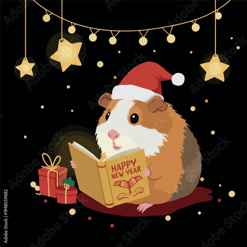 Cute Guinea Pig Wearing Santa Hat Reading Happy New Year Book