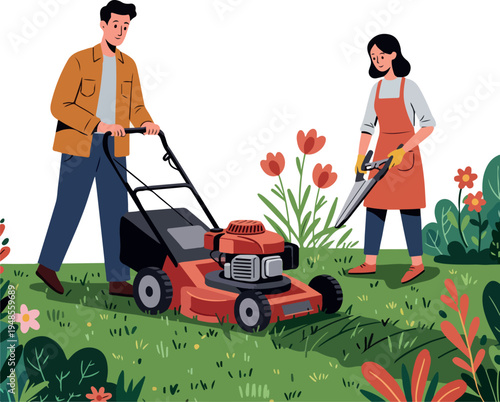 Couple Mowing Lawn with Flowers and Bushes Flat Design