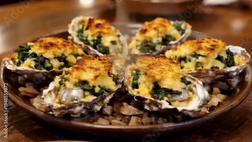 Wallpaper Mural Delicious Baked Oysters Rockefeller with Melted Cheese and Greens Served Hot on a Plate. Torontodigital.ca
