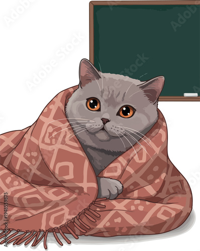 Cozy British Shorthair Cat Wrapped in Blanket Near Blackboard