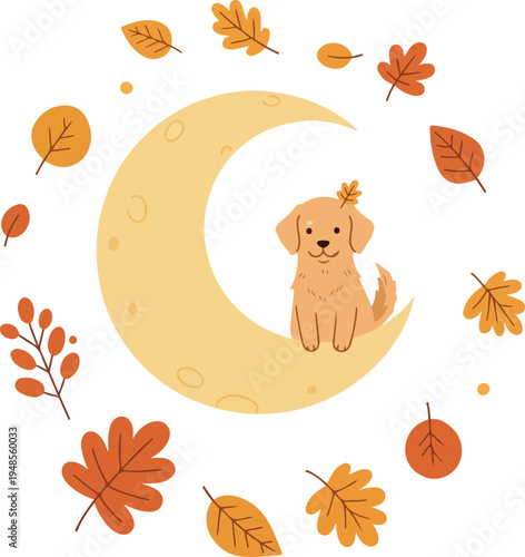 Cute Dog Sitting On Moon With Autumn Leaves Vector Illustration