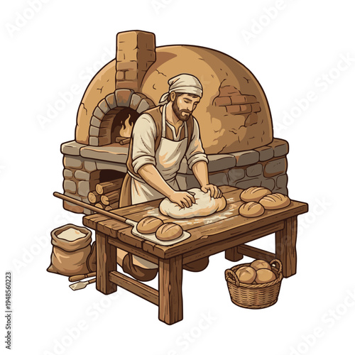 Baker Kneading Dough For Traditional Bread In Ancient Wood Oven