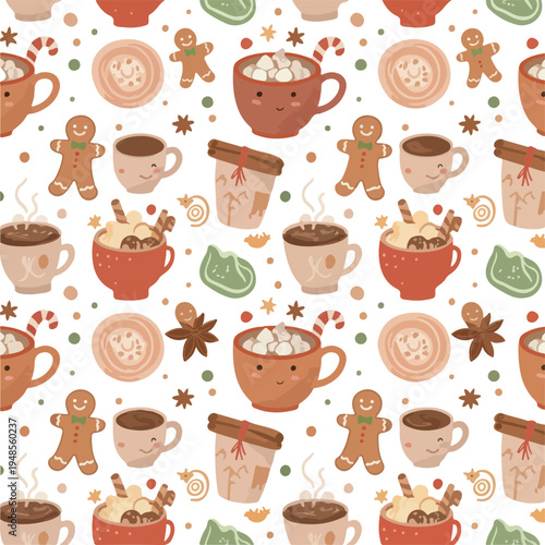 Cute Hot Chocolate and Gingerbread Man Pixel Pattern Seamless Holiday Design