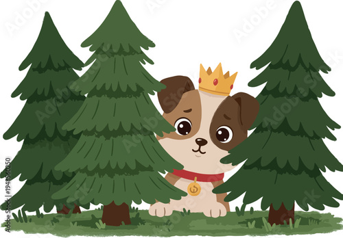 Cute Dog Wearing Crown Peeking Behind Green Pine Trees in Forest