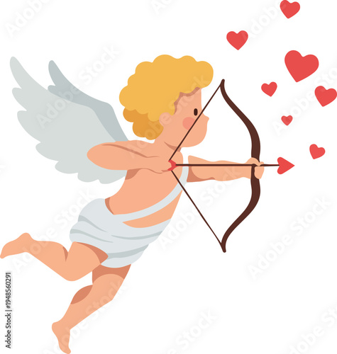 Cupid Angel Flying With Bow and Arrow Shooting Hearts Flat Design Vector