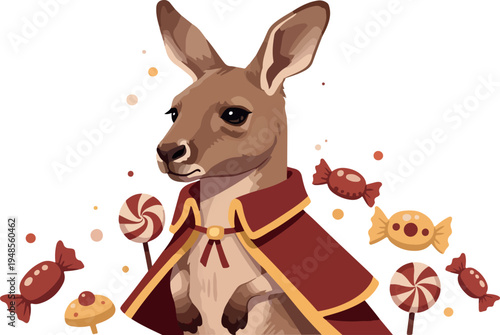 Cute Kangaroo Dressed in a Red Cape Surrounded by Sweets and Lollipops Pixel Art