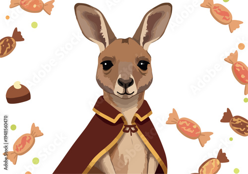 Cute Kangaroo In A Regal Cape Surrounded By Colorful Candies On White Background