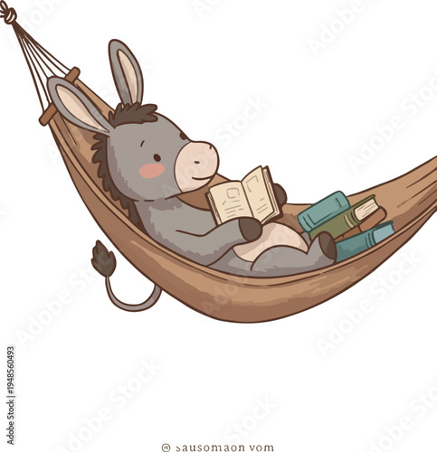 Cute Donkey Reading Book Relaxing in Hammock