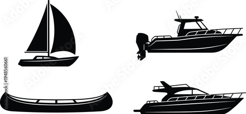 Boat silhouette vector collection, sailboat motorboat canoe and luxury yacht isolated on white background for marine design