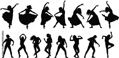 Elegant, female, dancer, silhouettes, collection, graceful, dancing, women, dynamic, poses, ballet, contemporary, choreography, movement, performance, black, isolated, set, dance, illustration