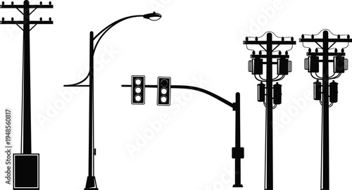 Electric utility pole street light and traffic signal silhouette set power line infrastructure isolated black illustration collection