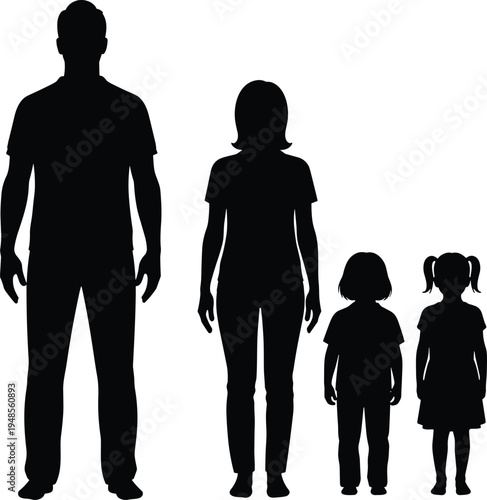 Family silhouette of father mother and two children standing together representing parenting love household unity generation people concept isolated vector