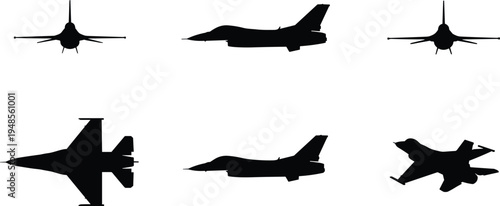 Fighter jet silhouettes set military combat aircraft side front and top view aviation defense airplane vector illustration collection