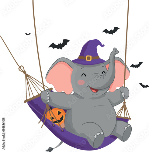 Cute Elephant In Witch Hat Swinging On Hammock With Pumpkin Halloween