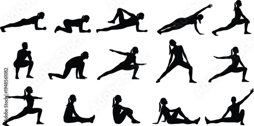 Fitness workout silhouette collection, woman performing yoga stretching and exercise poses set, healthy lifestyle training vector illustration isolated