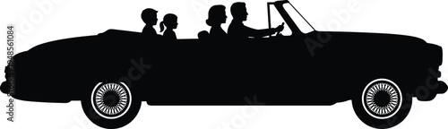 Family riding vintage convertible car silhouette, parents and children road trip travel scene, classic retro automobile illustration