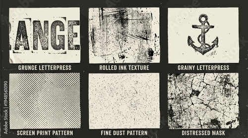 Set of 6 Grunge Letterpress, Rolled Ink, Grainy, Screen Print, Fine Dust, and Distressed Mask Textures Vector