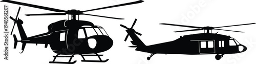 Helicopter silhouette vector set, military and rescue chopper aircraft side view illustration, aviation transport helicopter icons isolated
