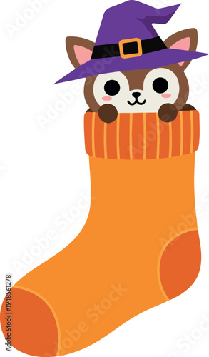 Cute Fox in Orange Sock Wearing Witch Hat Halloween Flat Design