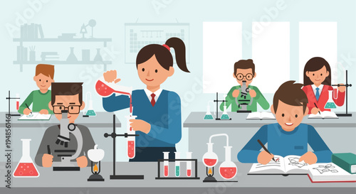 Students in a science laboratory setting.