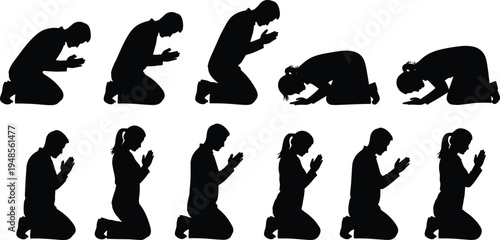 Kneeling people praying silhouettes set, men and women worship prayer poses, spiritual devotion collection, religious faith vector illustration