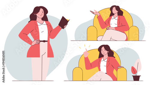 Three illustrations of a woman in a red blazer standing and sitting in yellow chairs against soft blue shapes.
