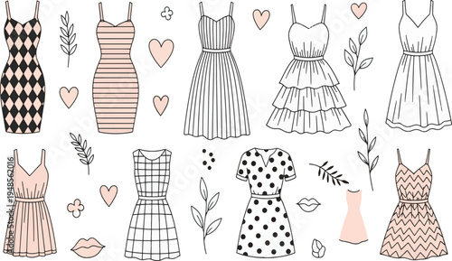 Hand drawn cute summer dress collection with polka dots and stripes patterns plus decorative hearts and floral elements vector illustration doodle art