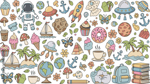Cute colorful hand drawn stickers with space travel food nature and school elements in a trendy hand drawn vector illustration doodle art