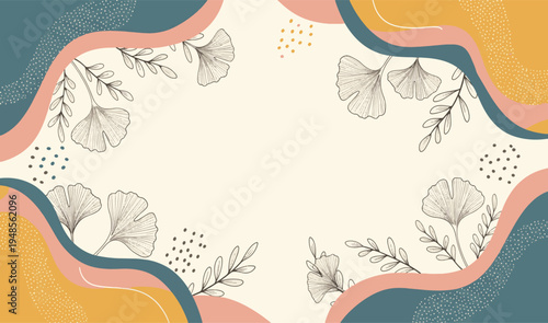Elegant abstract botanical background with organic wavy shapes and delicate ginkgo leaves in soft pastel colors hand drawn vector illustration