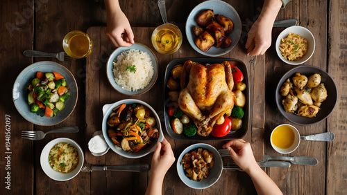 Rustic family dining spread is displayed with shared dishes and warm traditional comfort