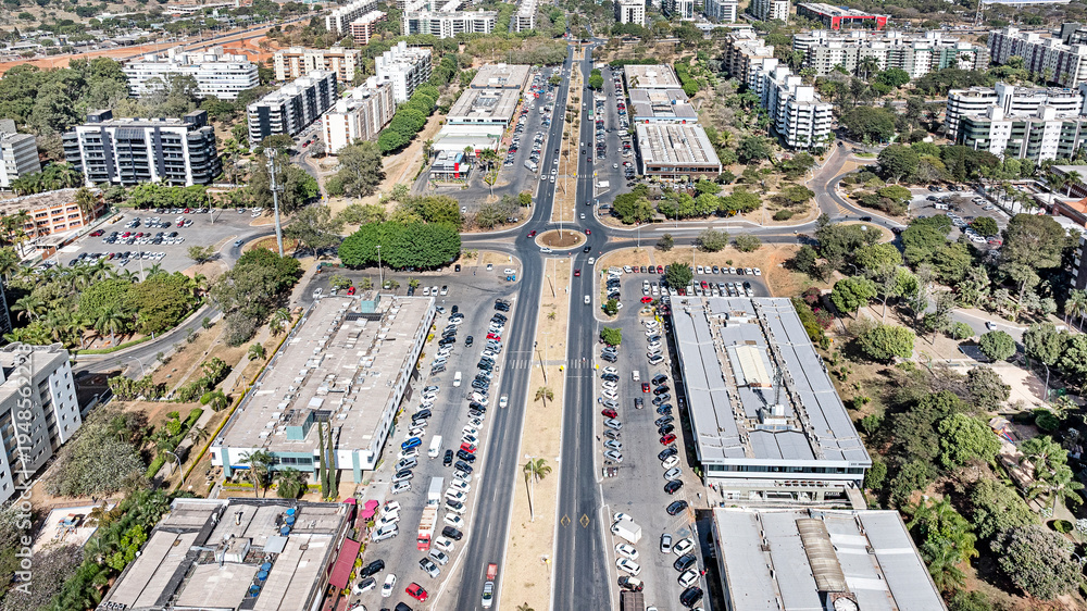 Fototapeta premium Aerial view of the commercial blocks comprising blocks 303SW, 304SW, 103SW and 104SW, in the Southwest neighborhood, an urban planning project featuring high-end apartments. Brasília, 2023 